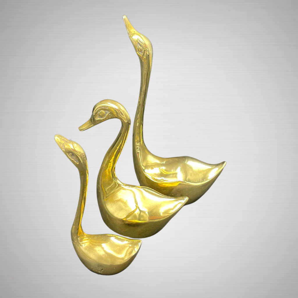 Vintage Brass Swan Figurine Trio - 1960s Indian Ornamental Statues