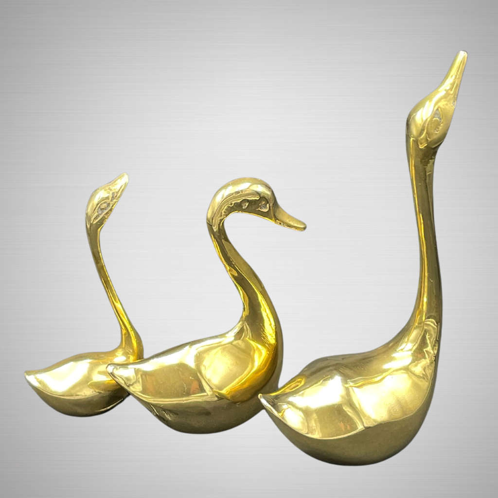 Vintage Brass Swan Figurine Trio - 1960s Indian Ornamental Statues