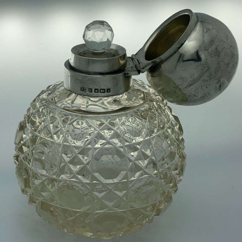 Antique Sterling Silver Crystal Perfume Bottle - Hand-Cut `Hobnail` Pattern c1912