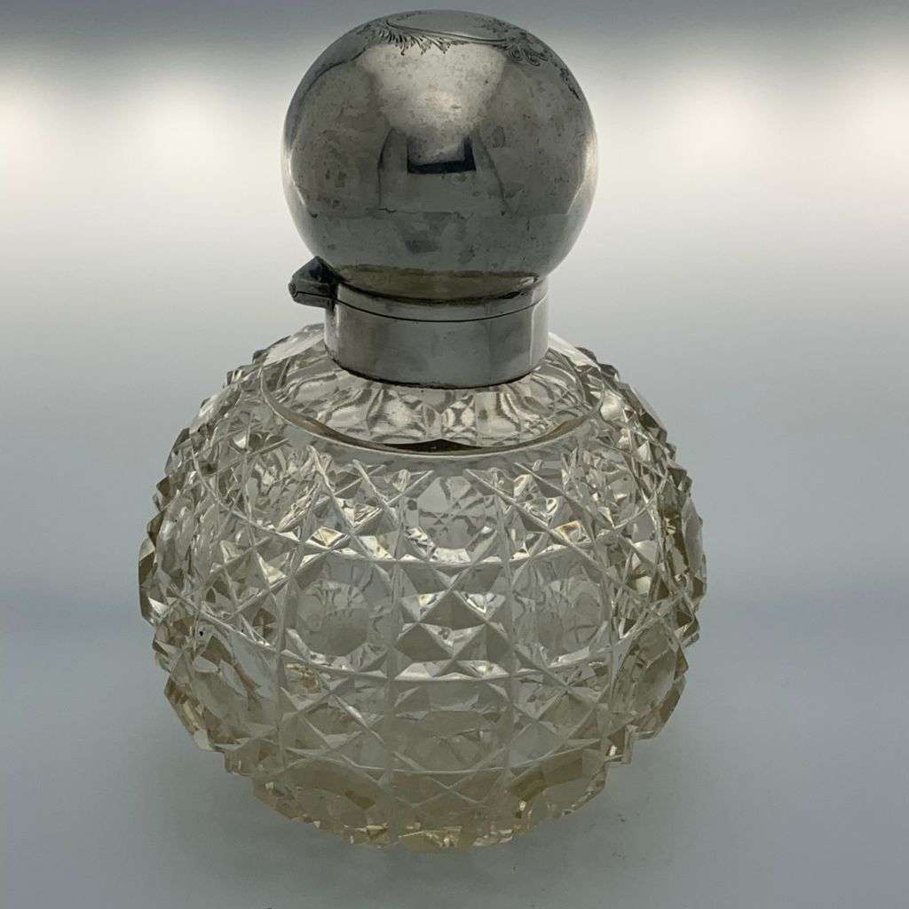 Antique Sterling Silver Crystal Perfume Bottle - Hand-Cut `Hobnail` Pattern c1912