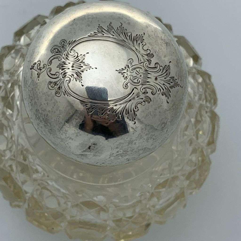 Antique Sterling Silver Crystal Perfume Bottle - Hand-Cut `Hobnail` Pattern c1912