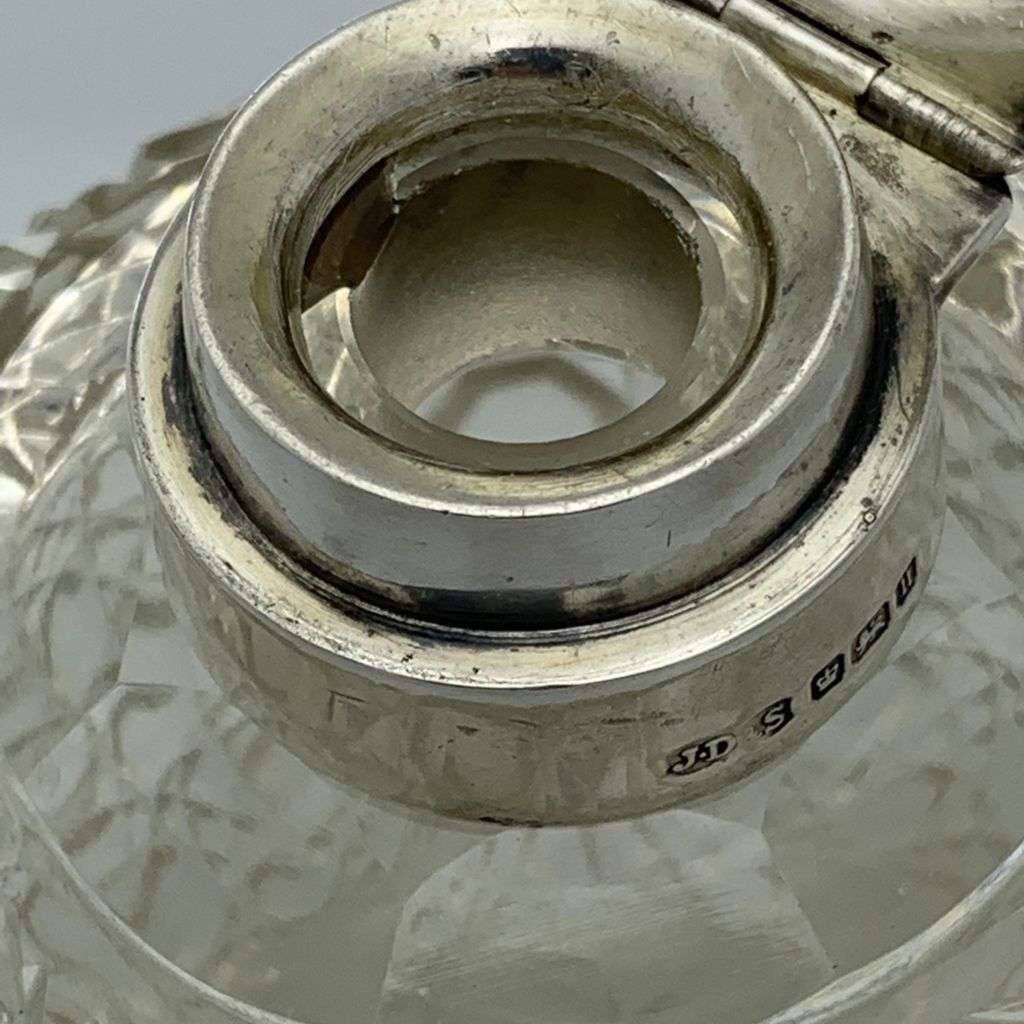 Antique Sterling Silver Crystal Perfume Bottle - Hand-Cut `Hobnail` Pattern c1912