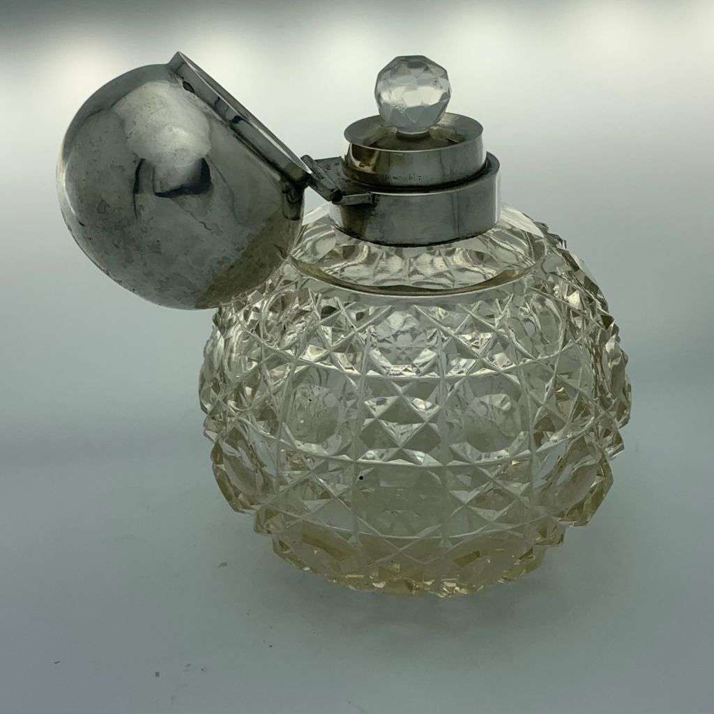 Antique Sterling Silver Crystal Perfume Bottle - Hand-Cut `Hobnail` Pattern c1912