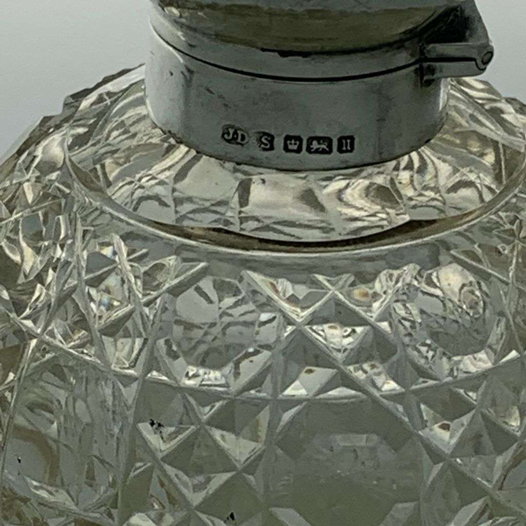 Antique Sterling Silver Crystal Perfume Bottle - Hand-Cut `Hobnail` Pattern c1912