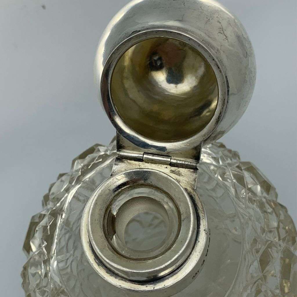 Antique Sterling Silver Crystal Perfume Bottle - Hand-Cut `Hobnail` Pattern c1912