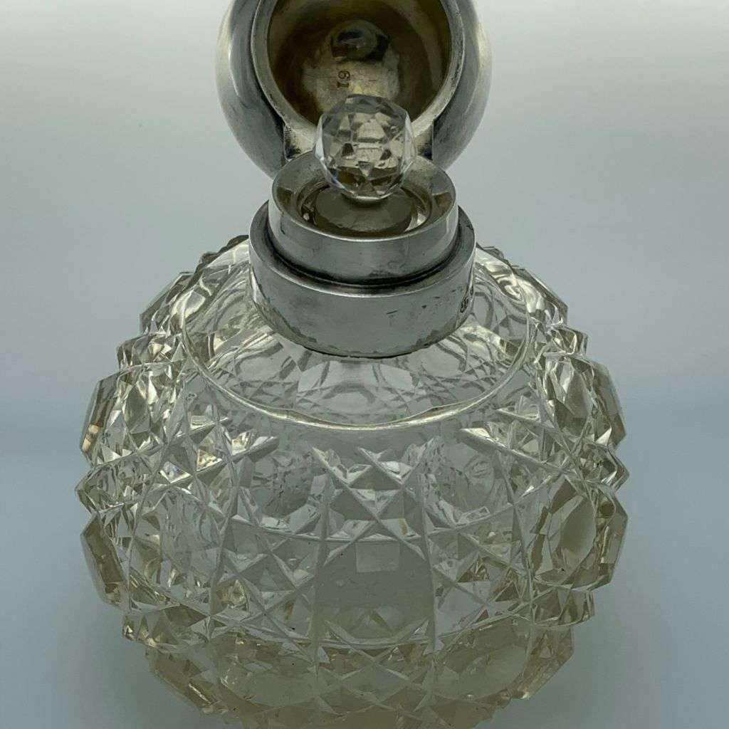 Antique Sterling Silver Crystal Perfume Bottle - Hand-Cut `Hobnail` Pattern c1912