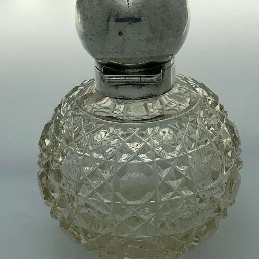 Antique Sterling Silver Crystal Perfume Bottle - Hand-Cut `Hobnail` Pattern c1912