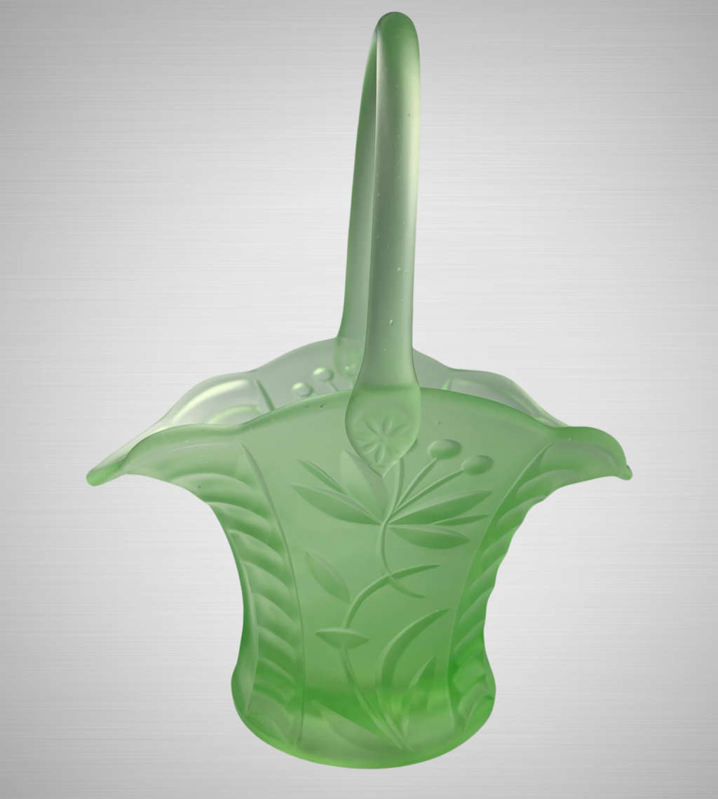 Antique Art Deco Bagley UK Vaseline/Uranium Frosted Green Glass Basket c.1913