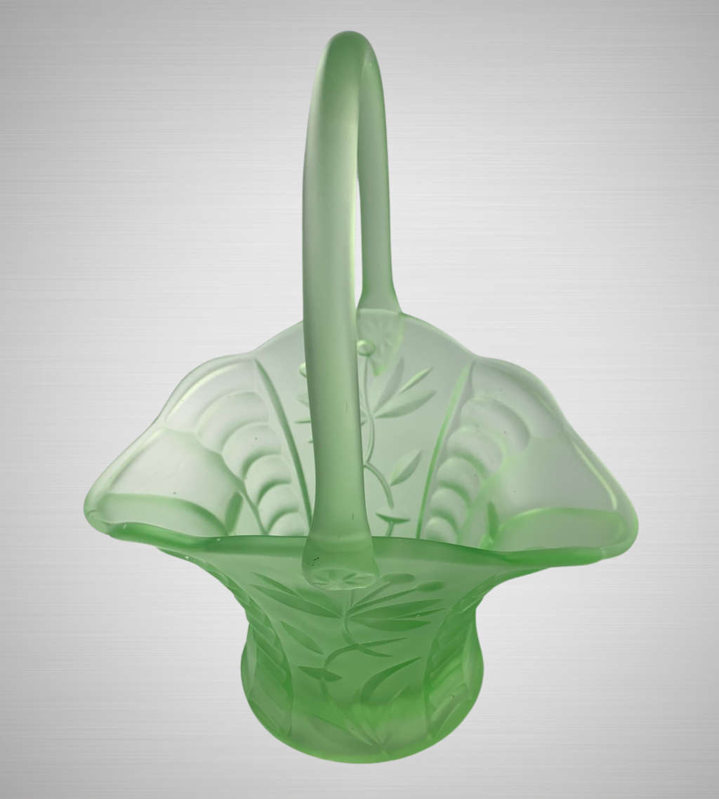 Antique Art Deco Bagley UK Vaseline/Uranium Frosted Green Glass Basket c.1913