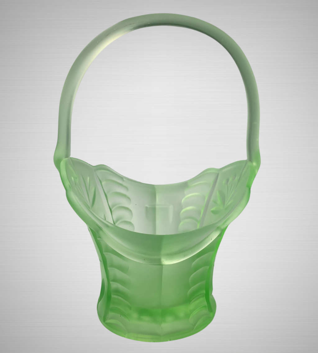 Antique Art Deco Bagley UK Vaseline/Uranium Frosted Green Glass Basket c.1913
