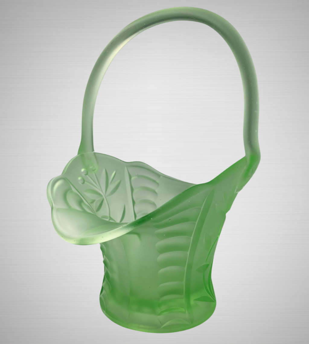 Antique Art Deco Bagley UK Vaseline/Uranium Frosted Green Glass Basket c.1913