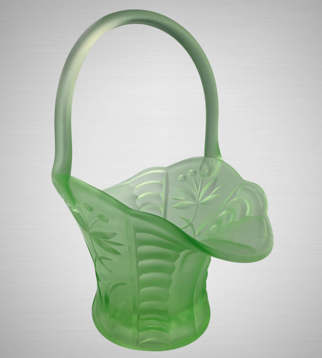 Antique Art Deco Bagley UK Vaseline/Uranium Frosted Green Glass Basket c.1913