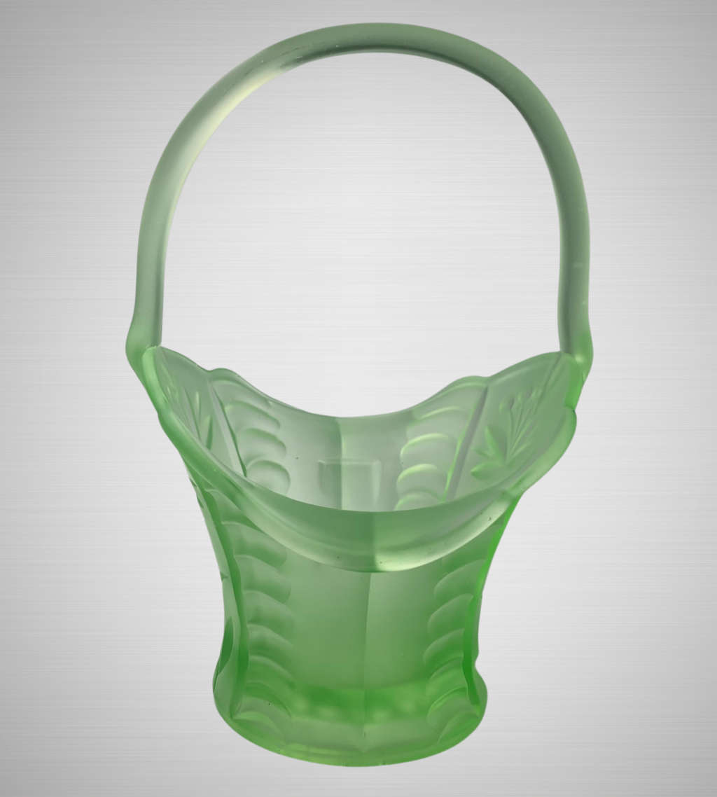 Antique Art Deco Bagley UK Vaseline/Uranium Frosted Green Glass Basket c.1913