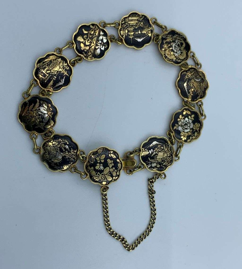 Reduced! Vintage Japanese Damascene Komai Bracelet - 10 Scenes, 1940s-1950s
