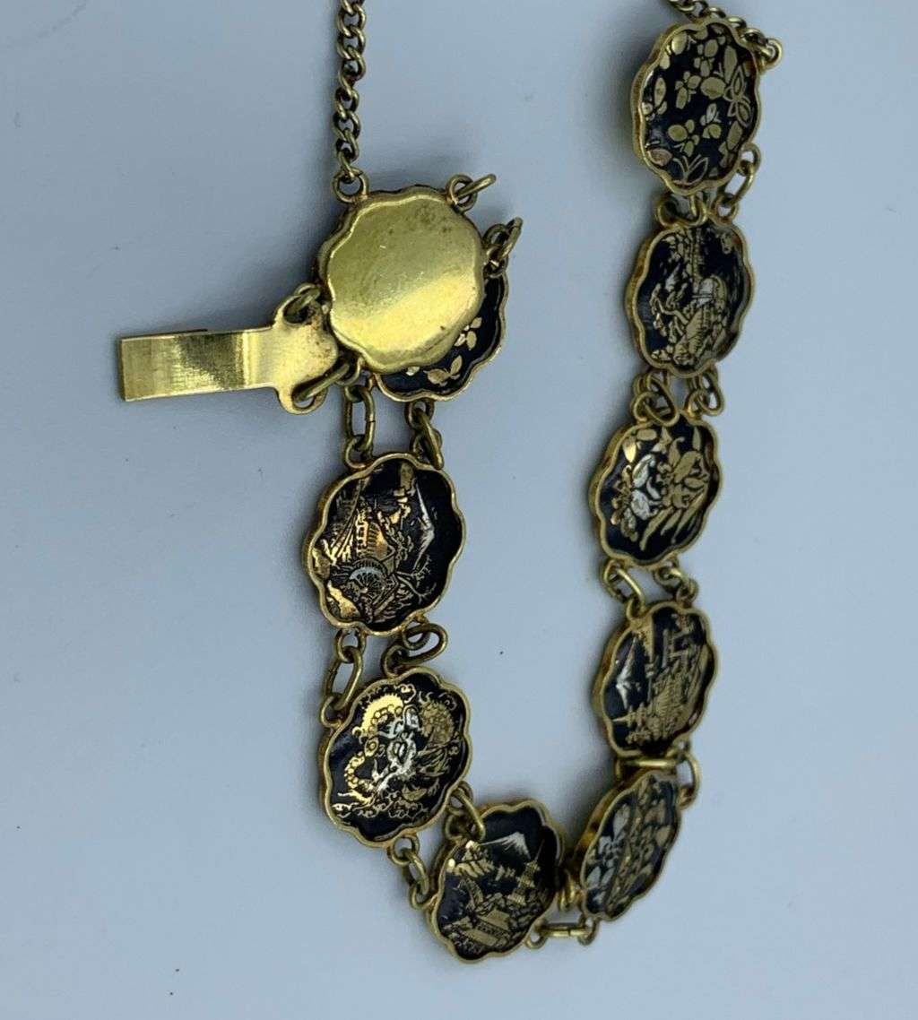 Reduced! Vintage Japanese Damascene Komai Bracelet - 10 Scenes, 1940s-1950s