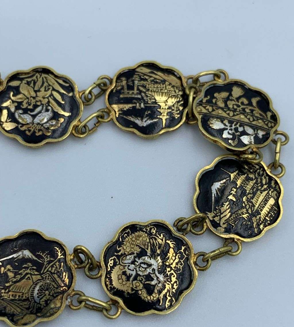 Reduced! Vintage Japanese Damascene Komai Bracelet - 10 Scenes, 1940s-1950s