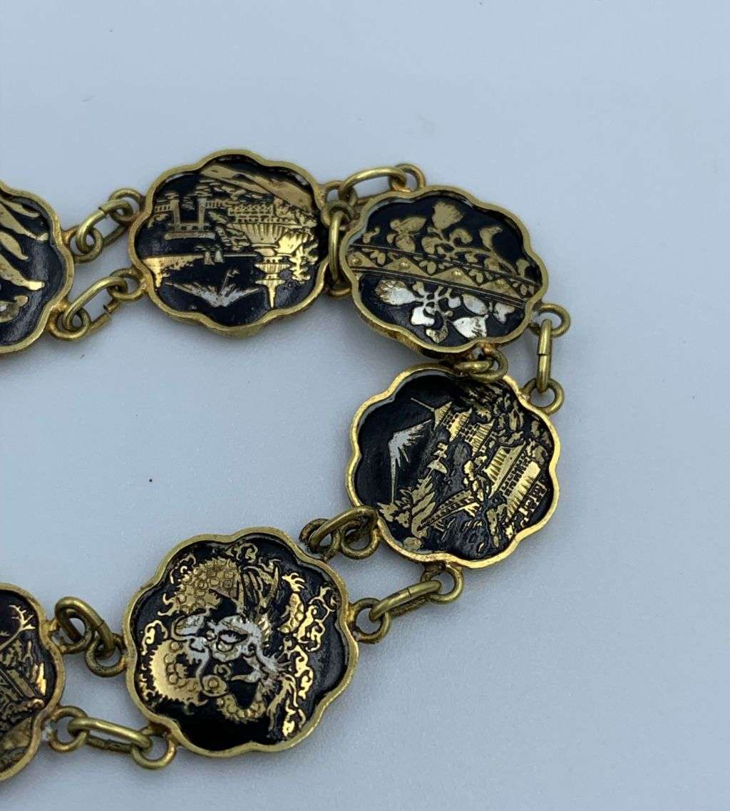 Reduced! Vintage Japanese Damascene Komai Bracelet - 10 Scenes, 1940s-1950s