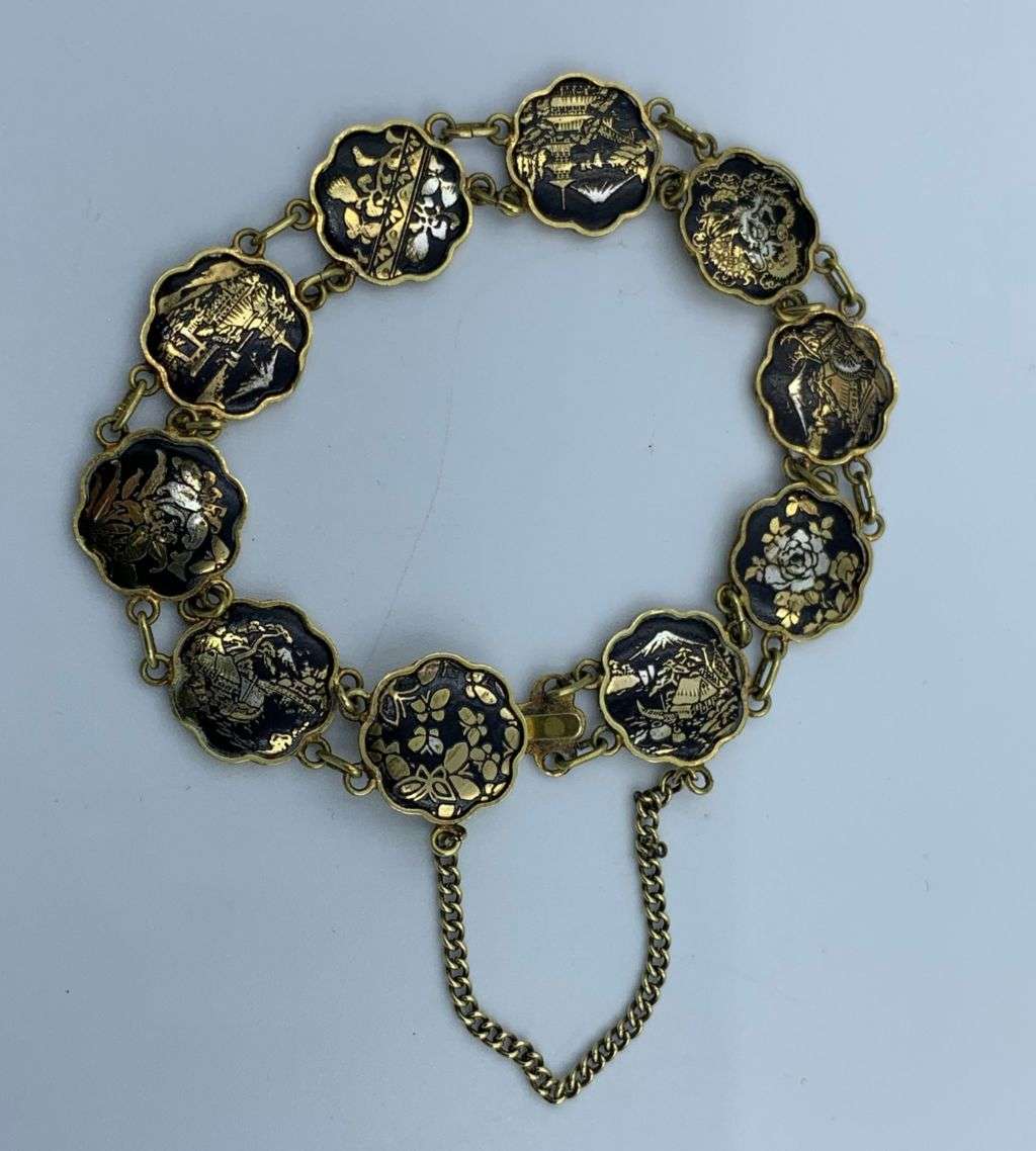 Reduced! Vintage Japanese Damascene Komai Bracelet - 10 Scenes, 1940s-1950s