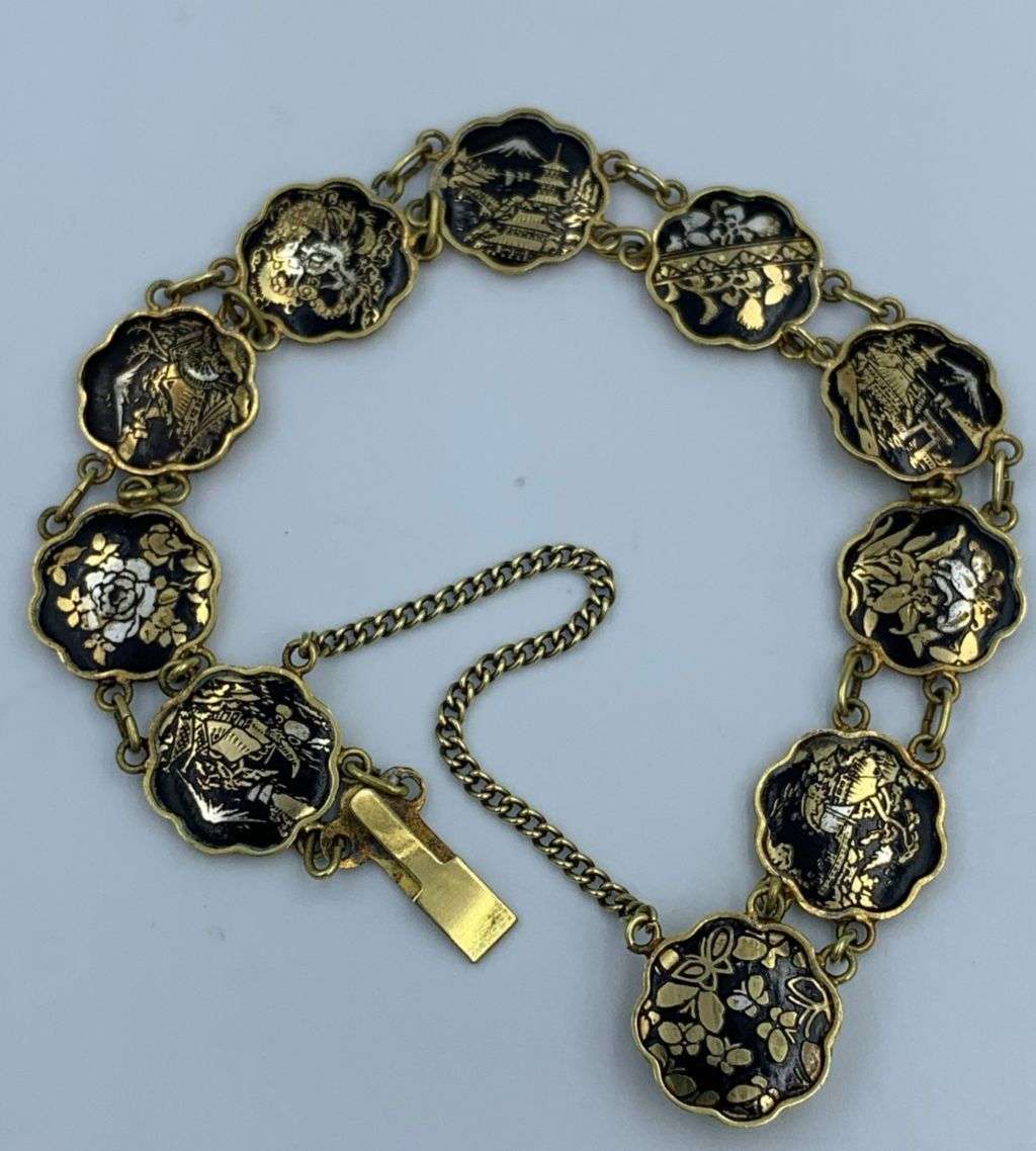 Reduced! Vintage Japanese Damascene Komai Bracelet - 10 Scenes, 1940s-1950s