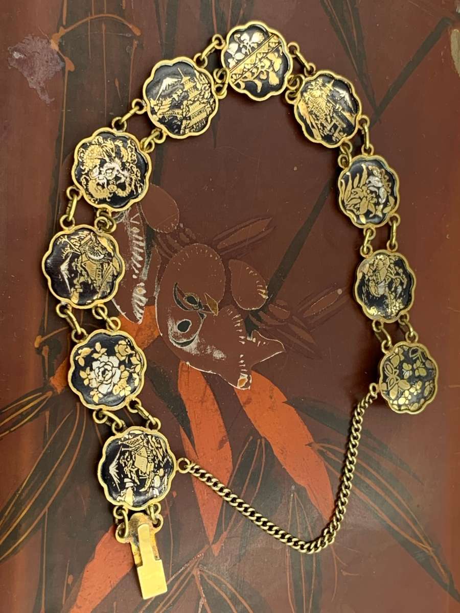 Reduced! Vintage Japanese Damascene Komai Bracelet - 10 Scenes, 1940s-1950s