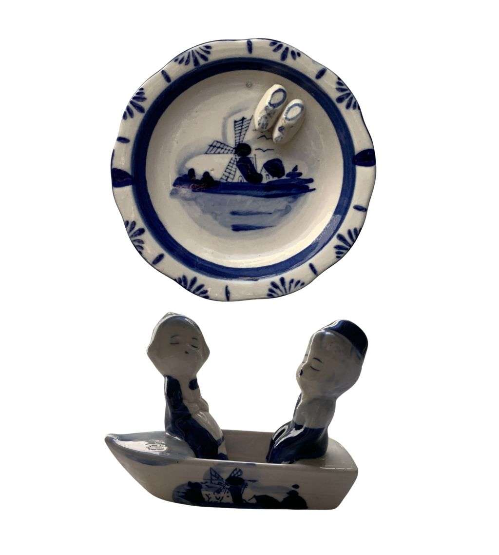 Delft Holland Style Ceramic Blue & White Windmill Decorated 2-Piece Set