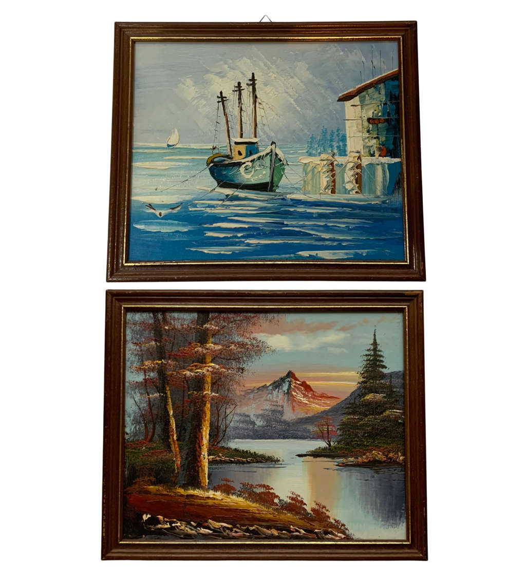 2 Piece Small Oil Paintings - Vintage Nautical and Autumn Landscapes Duo