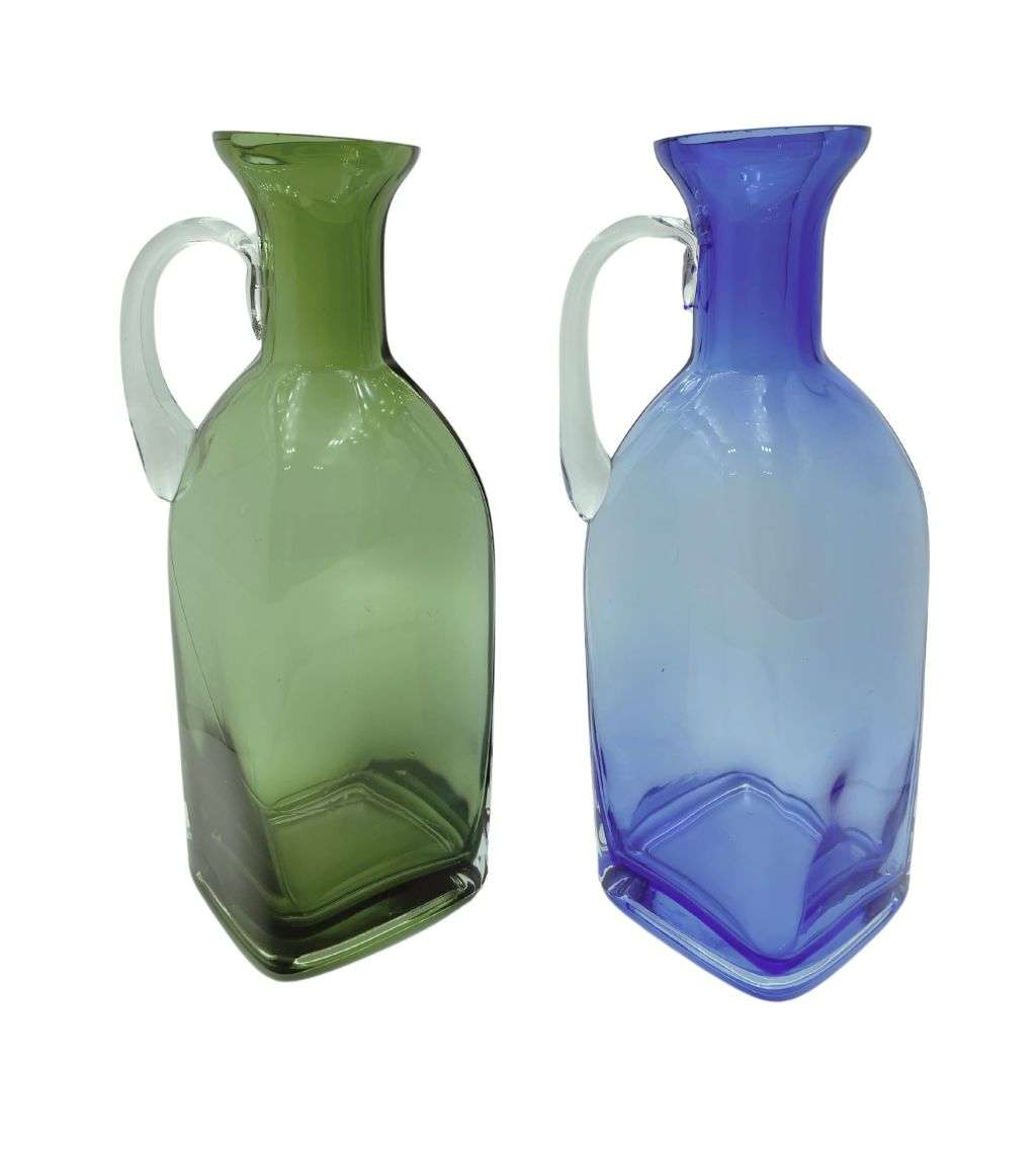 Vintage 23cm Cobalt Blue and Bottle Green Glass Decanters with Handles - Set of 2