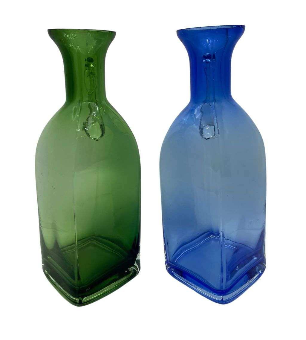 Vintage 23cm Cobalt Blue and Bottle Green Glass Decanters with Handles - Set of 2