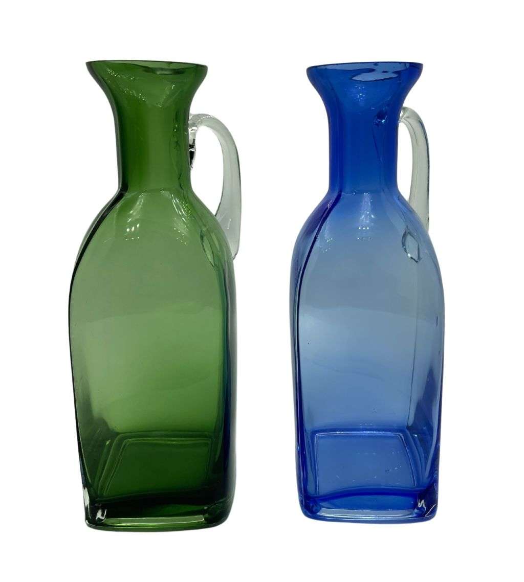 Vintage 23cm Cobalt Blue and Bottle Green Glass Decanters with Handles - Set of 2