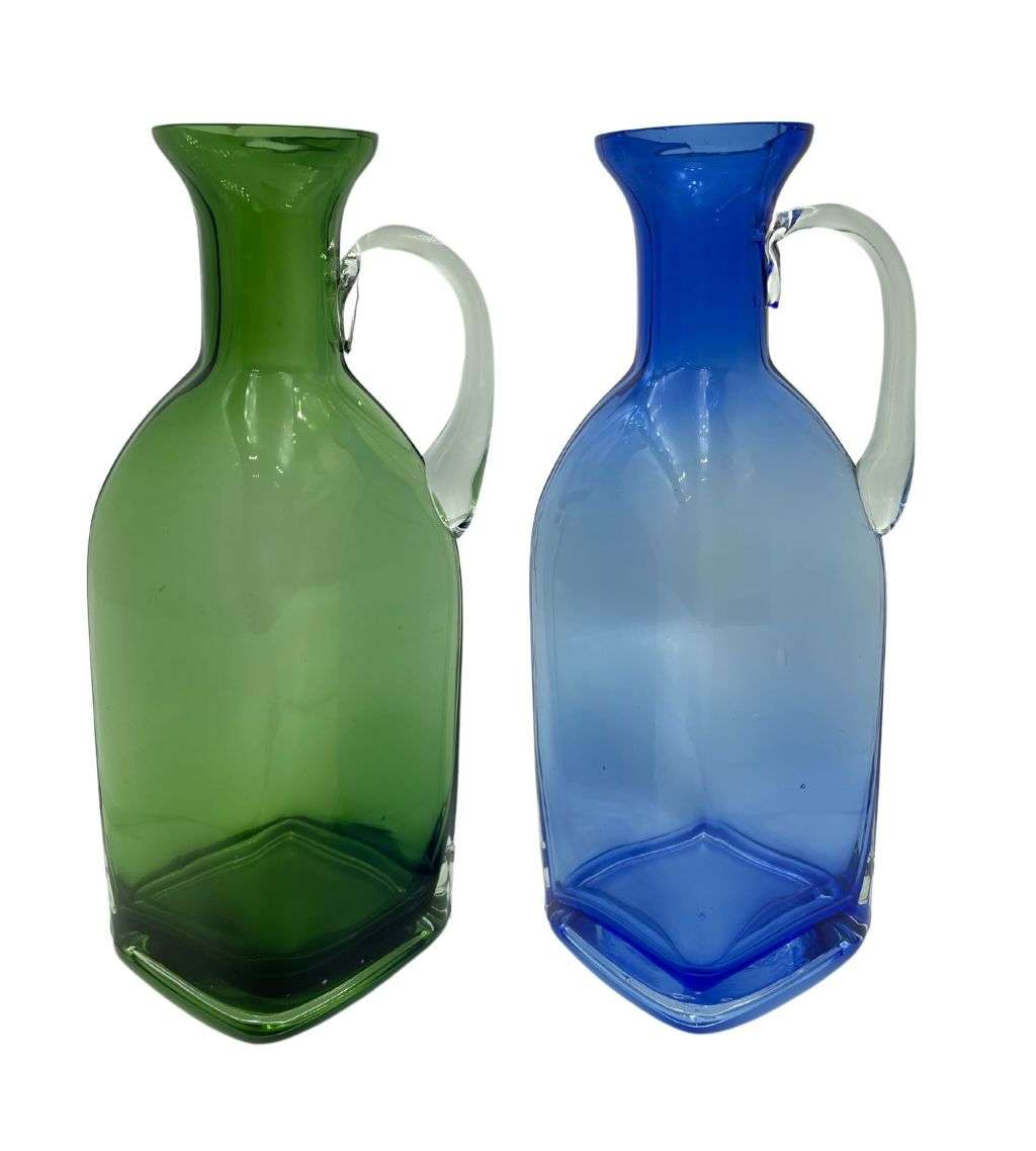Vintage 23cm Cobalt Blue and Bottle Green Glass Decanters with Handles - Set of 2