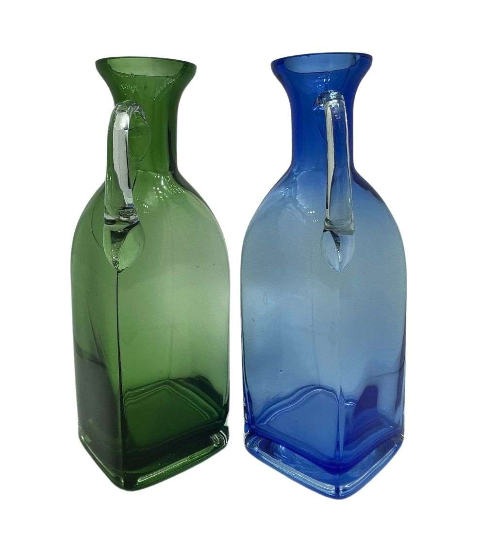 Vintage 23cm Cobalt Blue and Bottle Green Glass Decanters with Handles - Set of 2