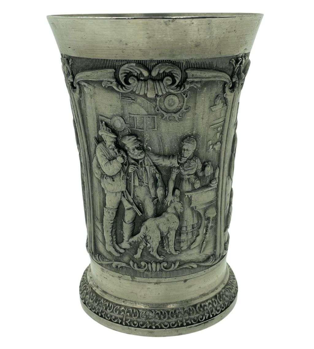 Vintage German SKS Zinn Pewter Mug - Hunting Scene Relief - 380ml Capacity
