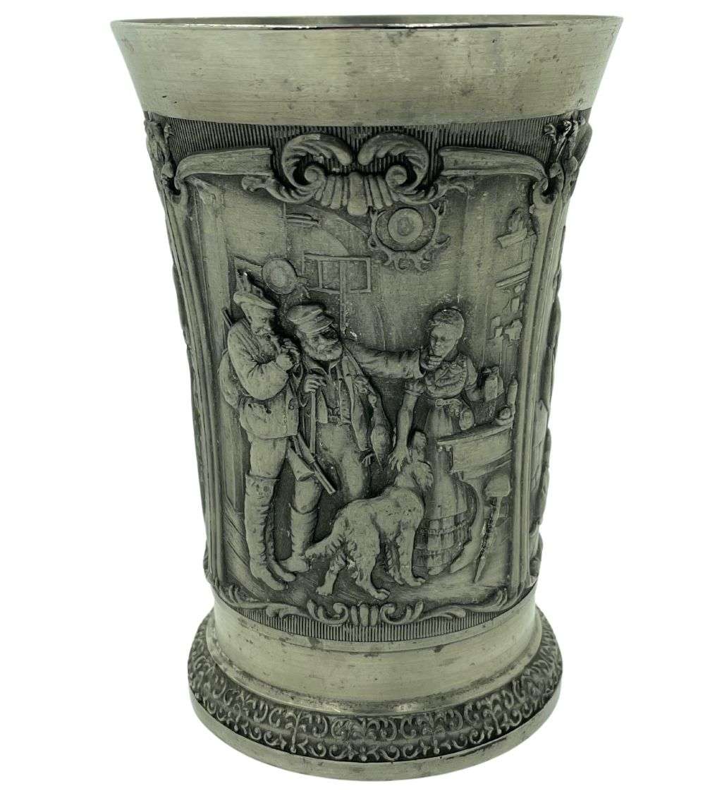 Vintage German SKS Zinn Pewter Mug - Hunting Scene Relief - 380ml Capacity