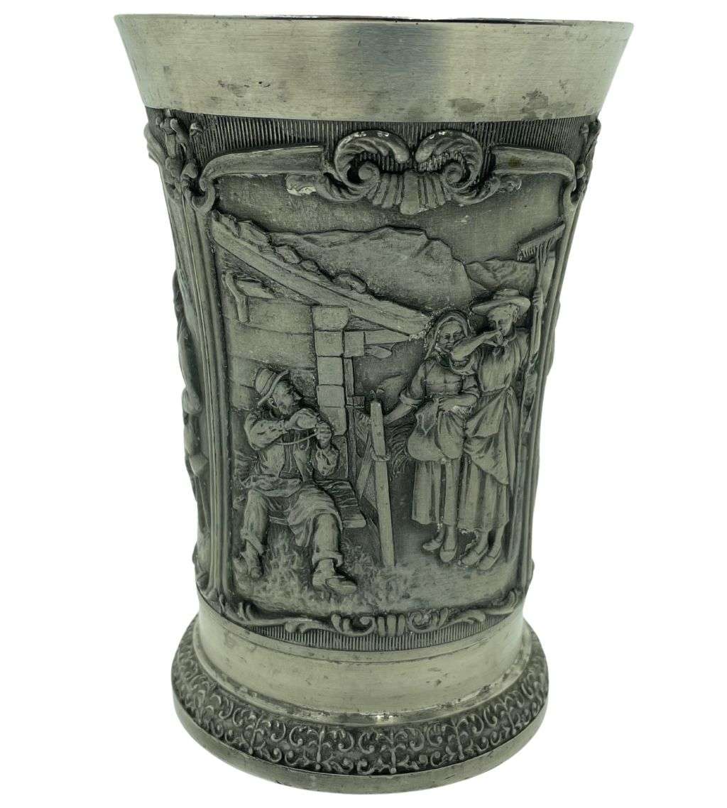 Vintage German SKS Zinn Pewter Mug - Hunting Scene Relief - 380ml Capacity