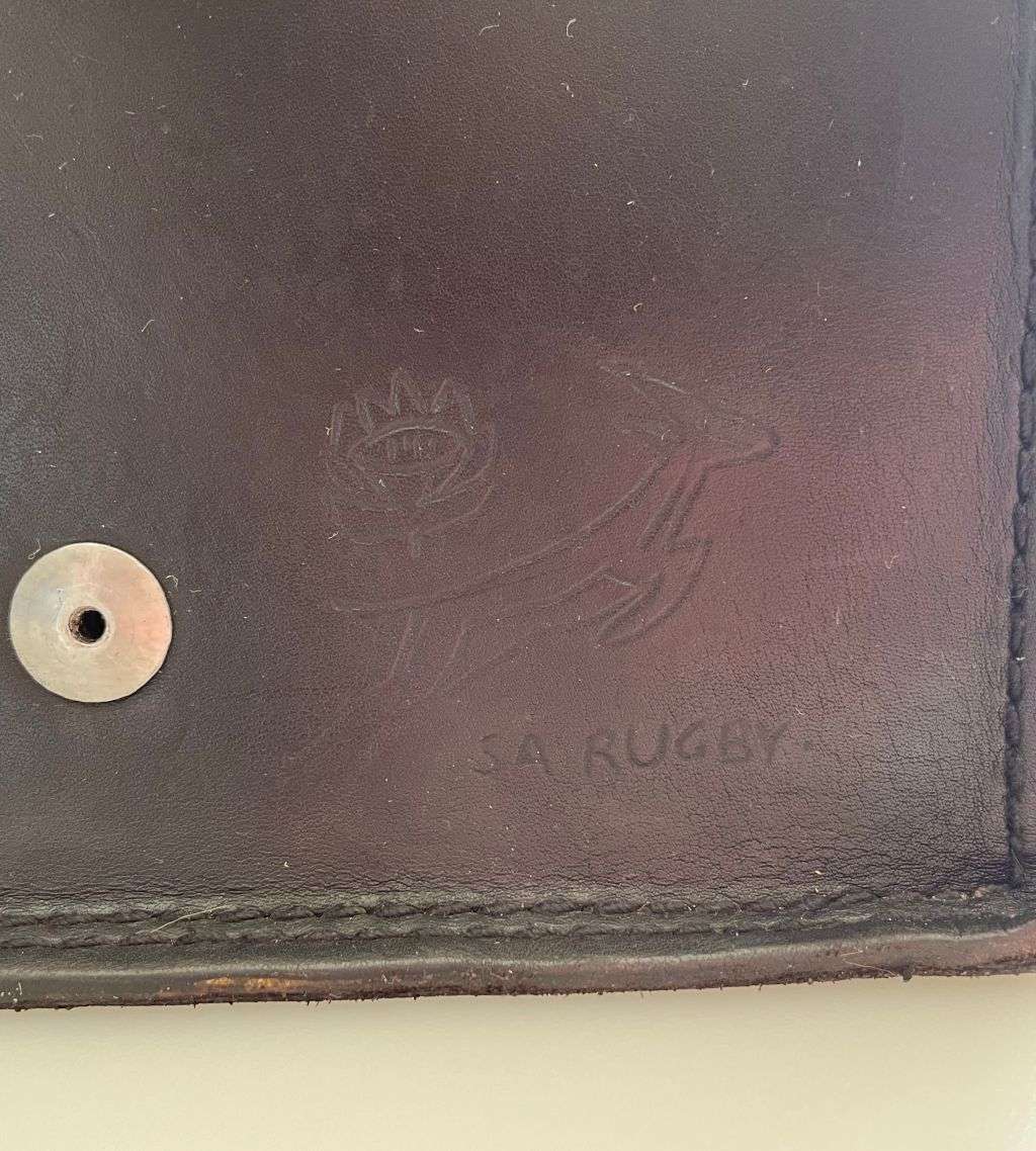 Reduced ! Vintage Genuine leather SA Rugby Bag with Terence Name, Springbok, and Protea Marks