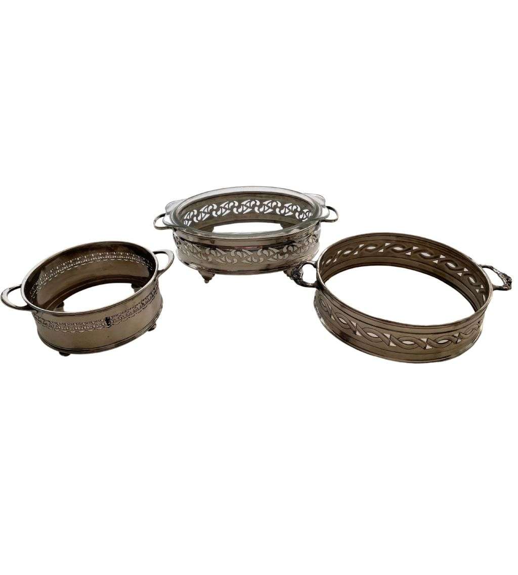 3-Piece Vintage Silver Plated Serving Bowl Holders Set - Elegant Tableware Collection