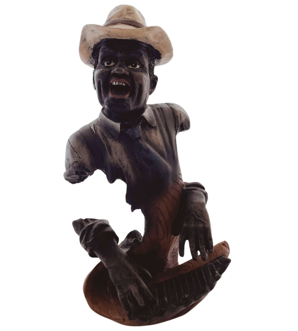 Vintage 1980`s Resin Jazzman Musician Playing Piano Figure with Carved Wood Detail