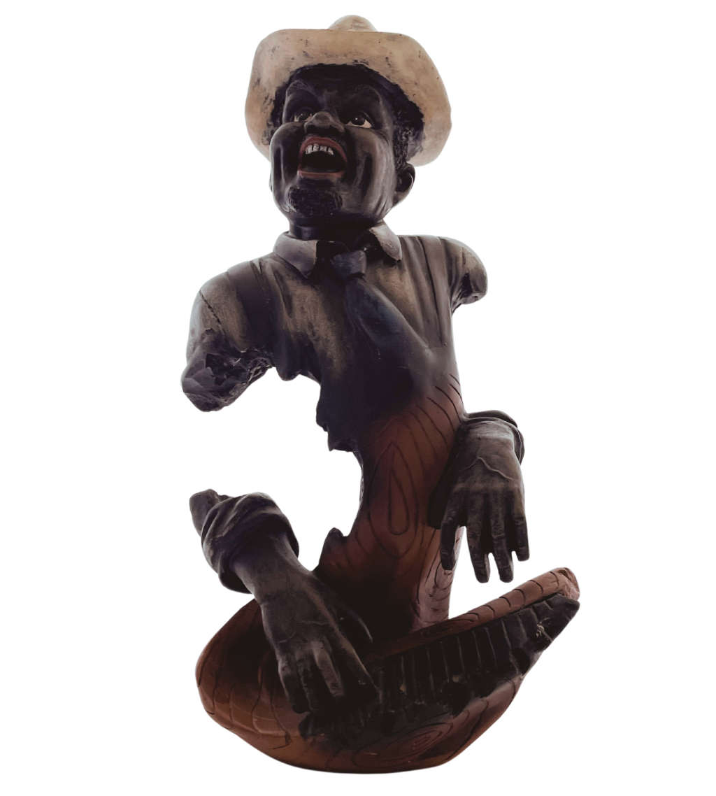 Vintage 1980`s Resin Jazzman Musician Playing Piano Figure with Carved Wood Detail