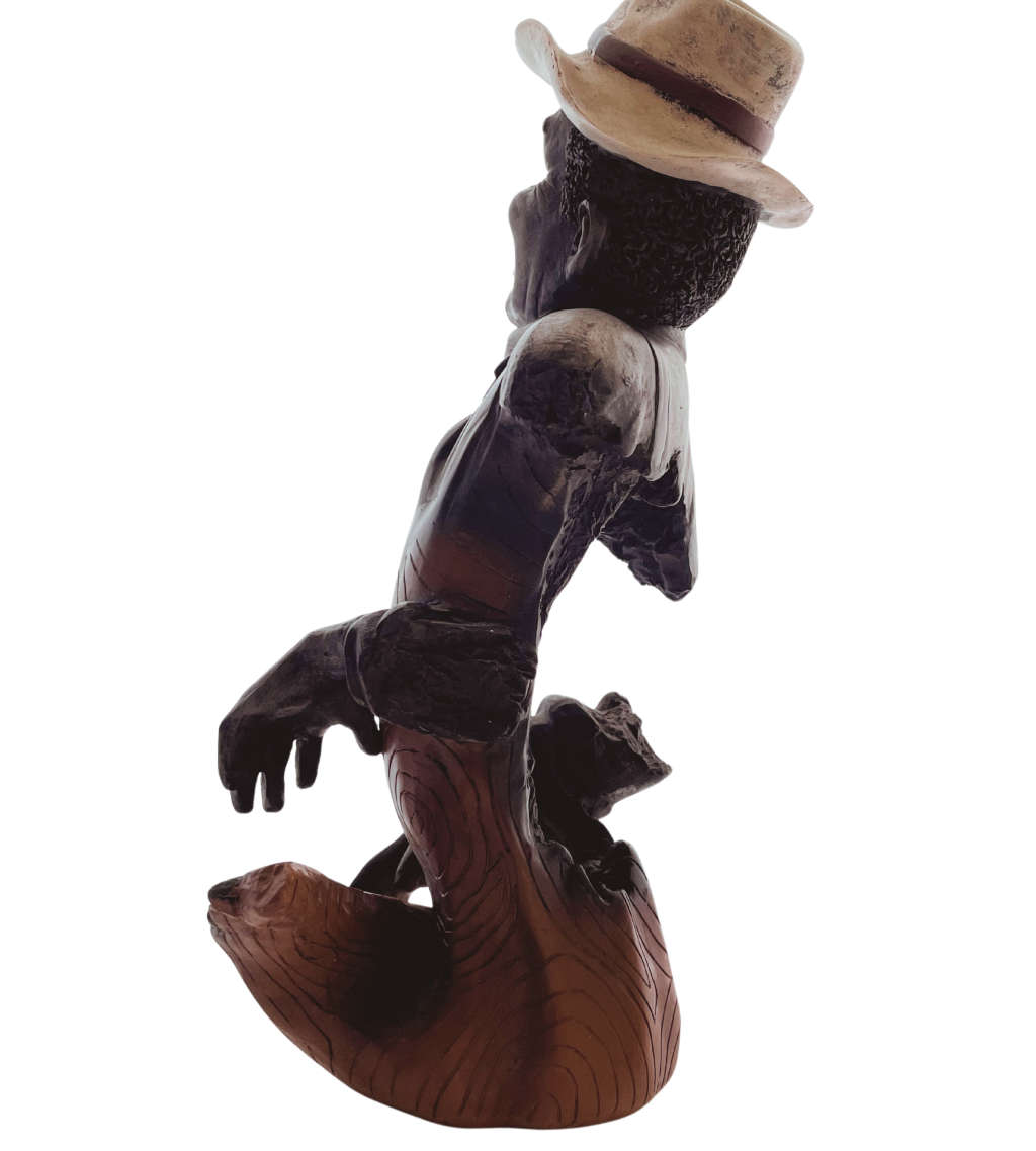 Vintage 1980`s Resin Jazzman Musician Playing Piano Figure with Carved Wood Detail