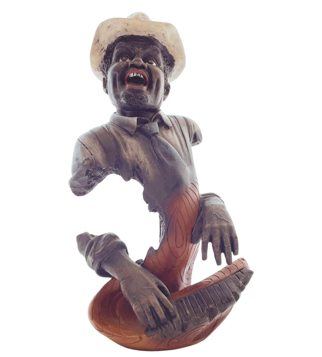 Vintage 1980`s Resin Jazzman Musician Playing Piano Figure with Carved Wood Detail