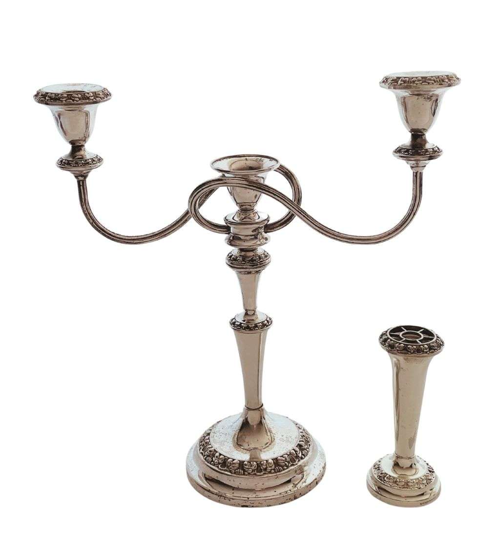 Ianthe Silver Plated Candelabra & Flower Vase Set - Ornate English Elegance 60`s-1970s
