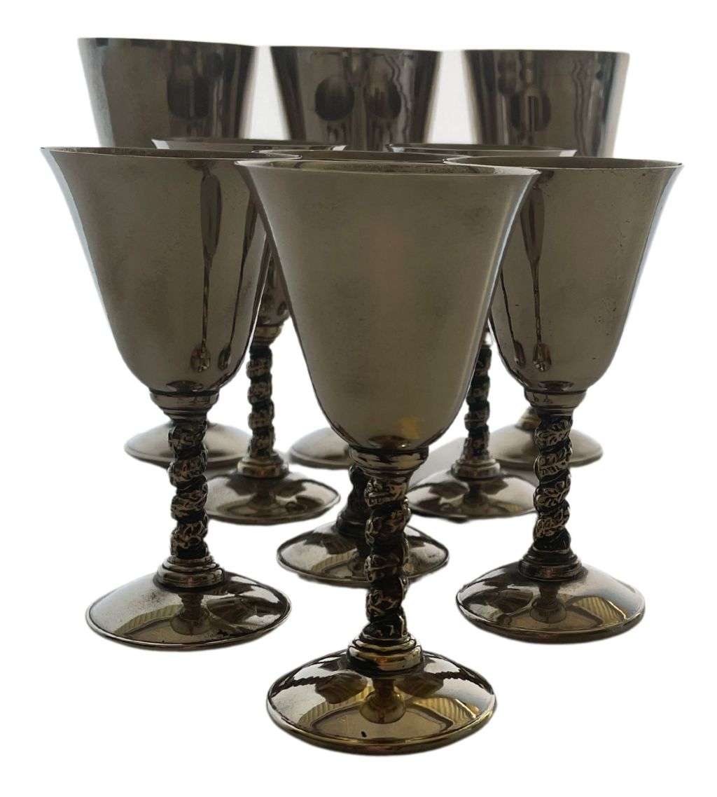 Set of 9 Electroplated Wine Goblets - URANI DRFEBRES SPAIN 1931 EP Marking, Dark Gray Patina