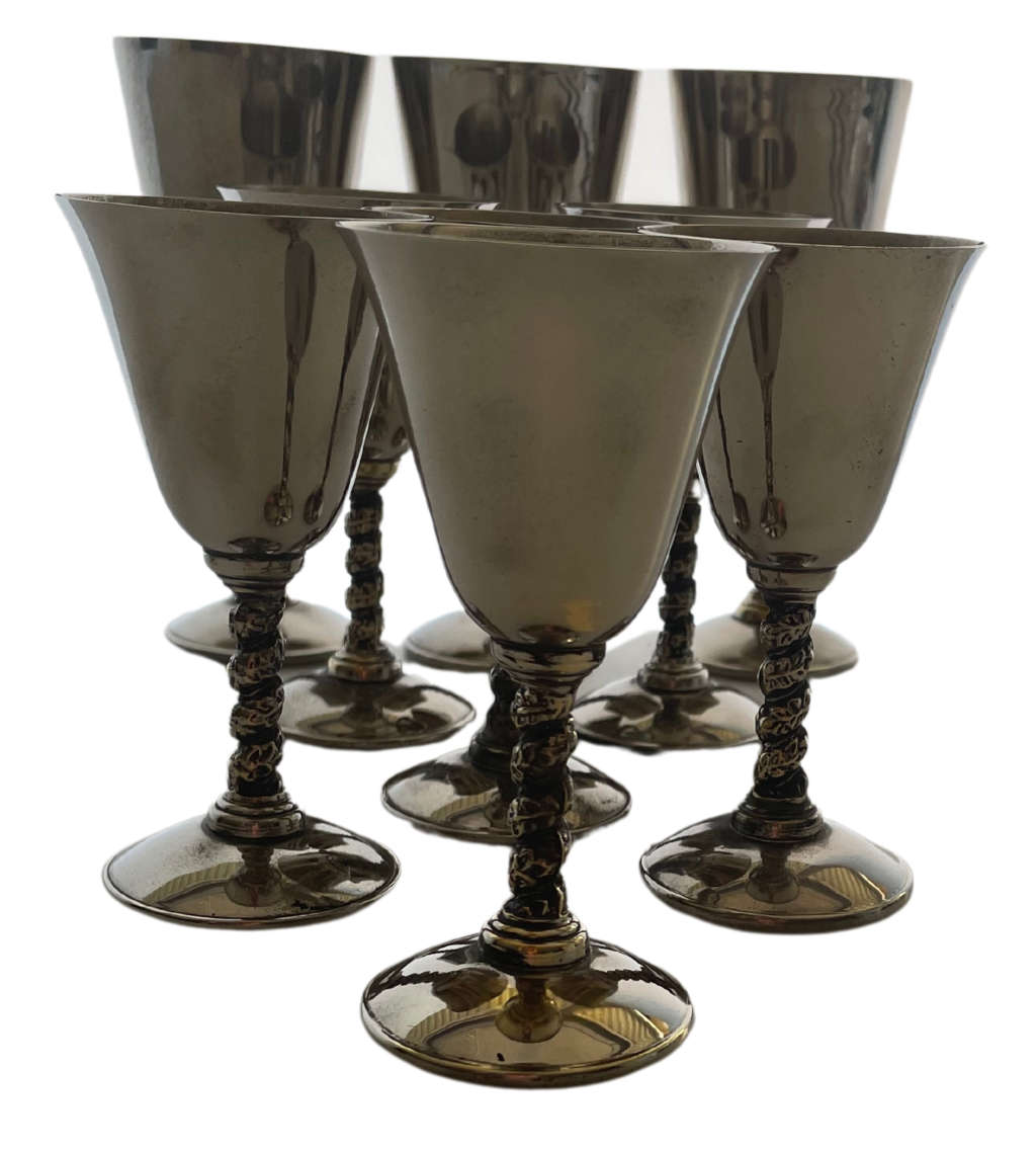 Set of 9 Electroplated Wine Goblets - URANI DRFEBRES SPAIN 1931 EP Marking, Dark Gray Patina