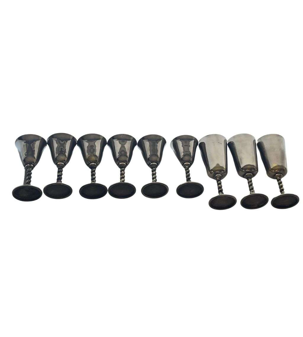 Set of 9 Electroplated Wine Goblets - URANI DRFEBRES SPAIN 1931 EP Marking, Dark Gray Patina