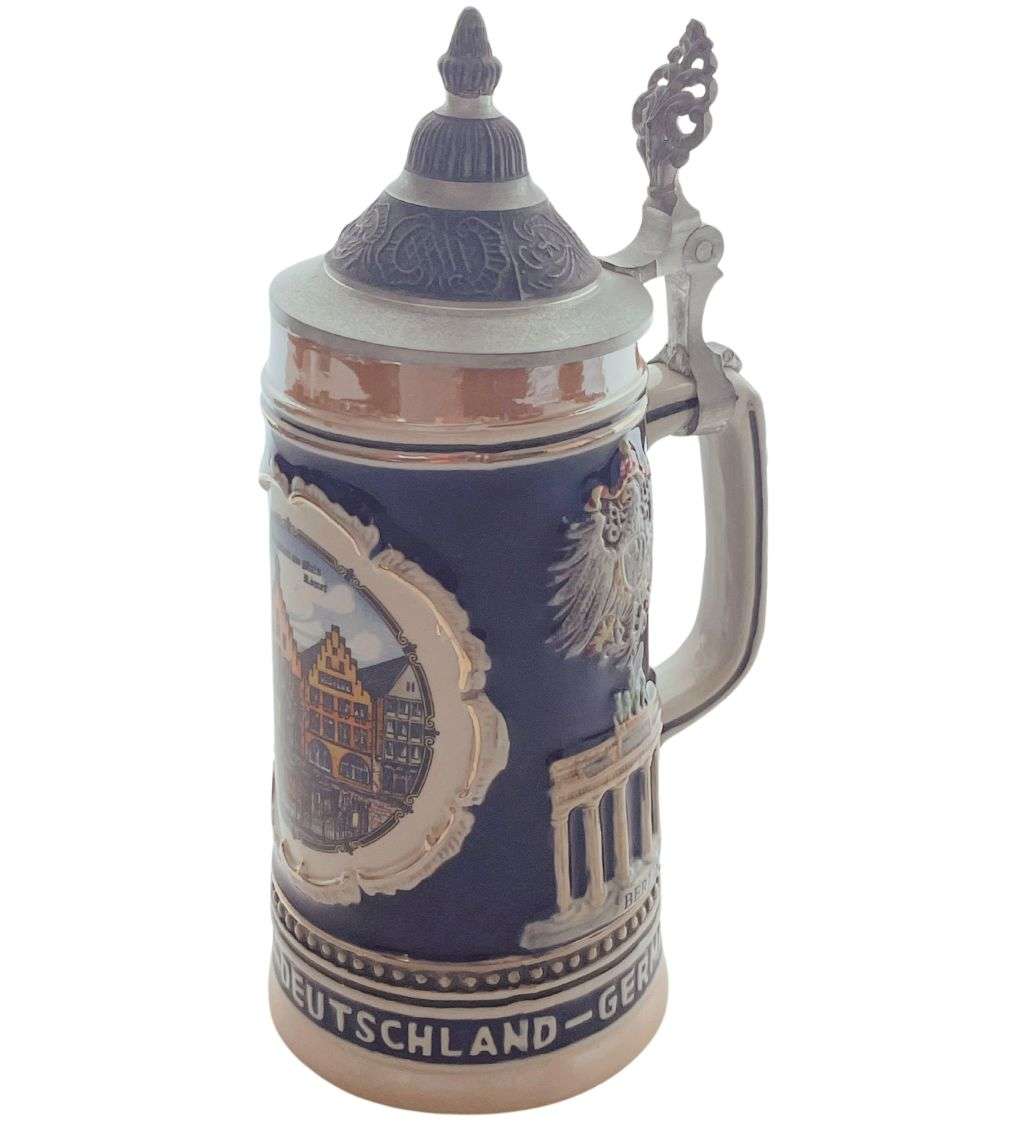 German Bavaria Beer Stein: Alwe Made, 20cm, Frankfurt, Berlin, Neuschwanstein Pictorials