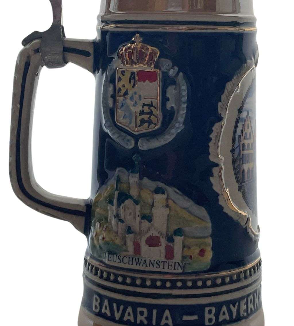German Bavaria Beer Stein: Alwe Made, 20cm, Frankfurt, Berlin, Neuschwanstein Pictorials