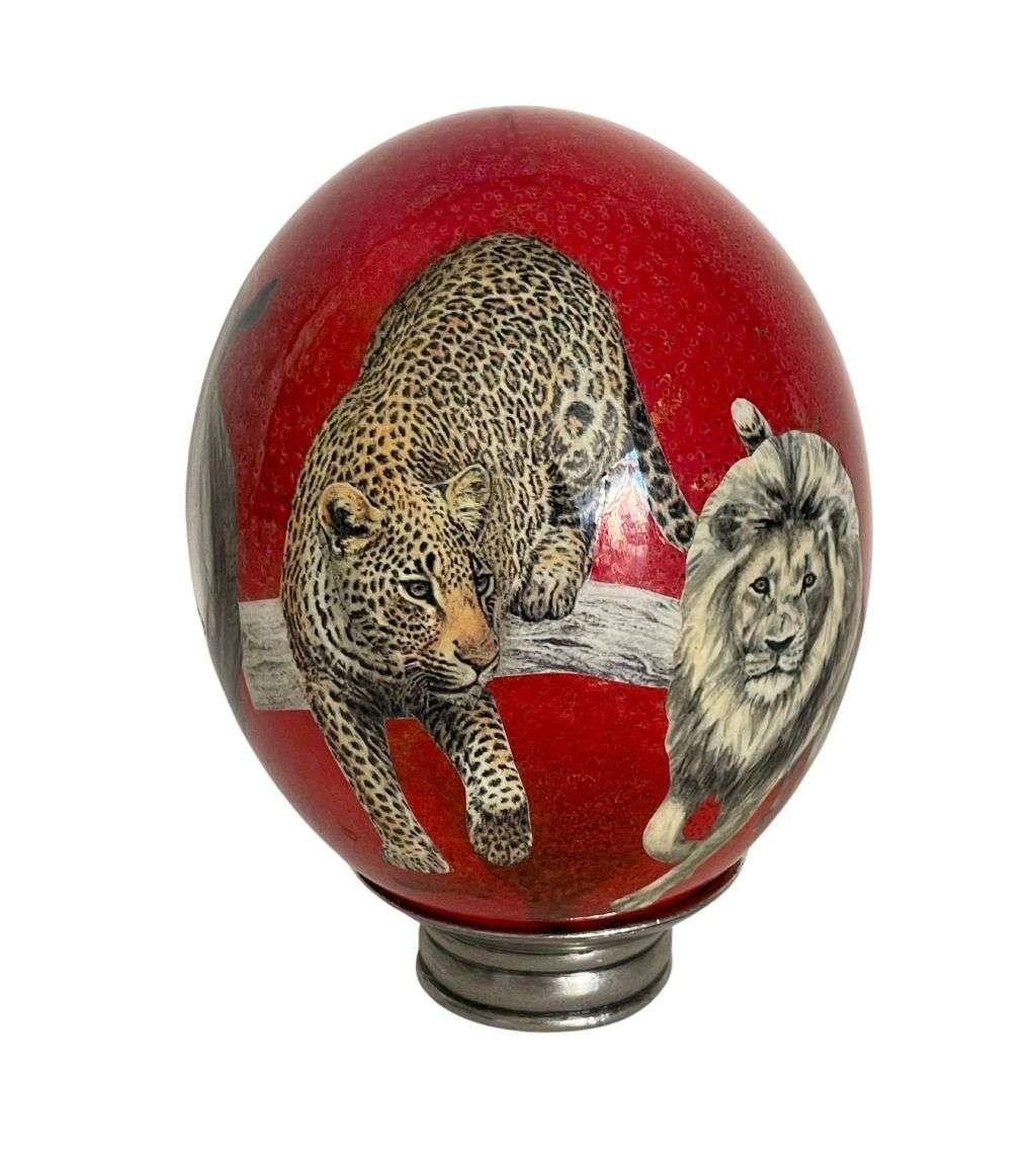Handmade Red Decoupage Ostrich Egg with Big 5 Safari Animals - African Home Décor