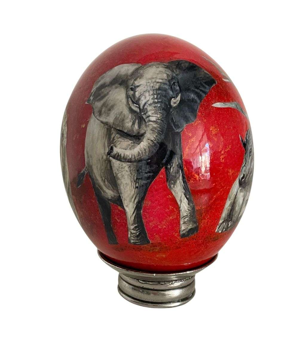 Handmade Red Decoupage Ostrich Egg with Big 5 Safari Animals - African Home Décor