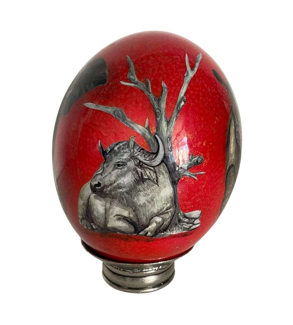 Handmade Red Decoupage Ostrich Egg with Big 5 Safari Animals - African Home Décor