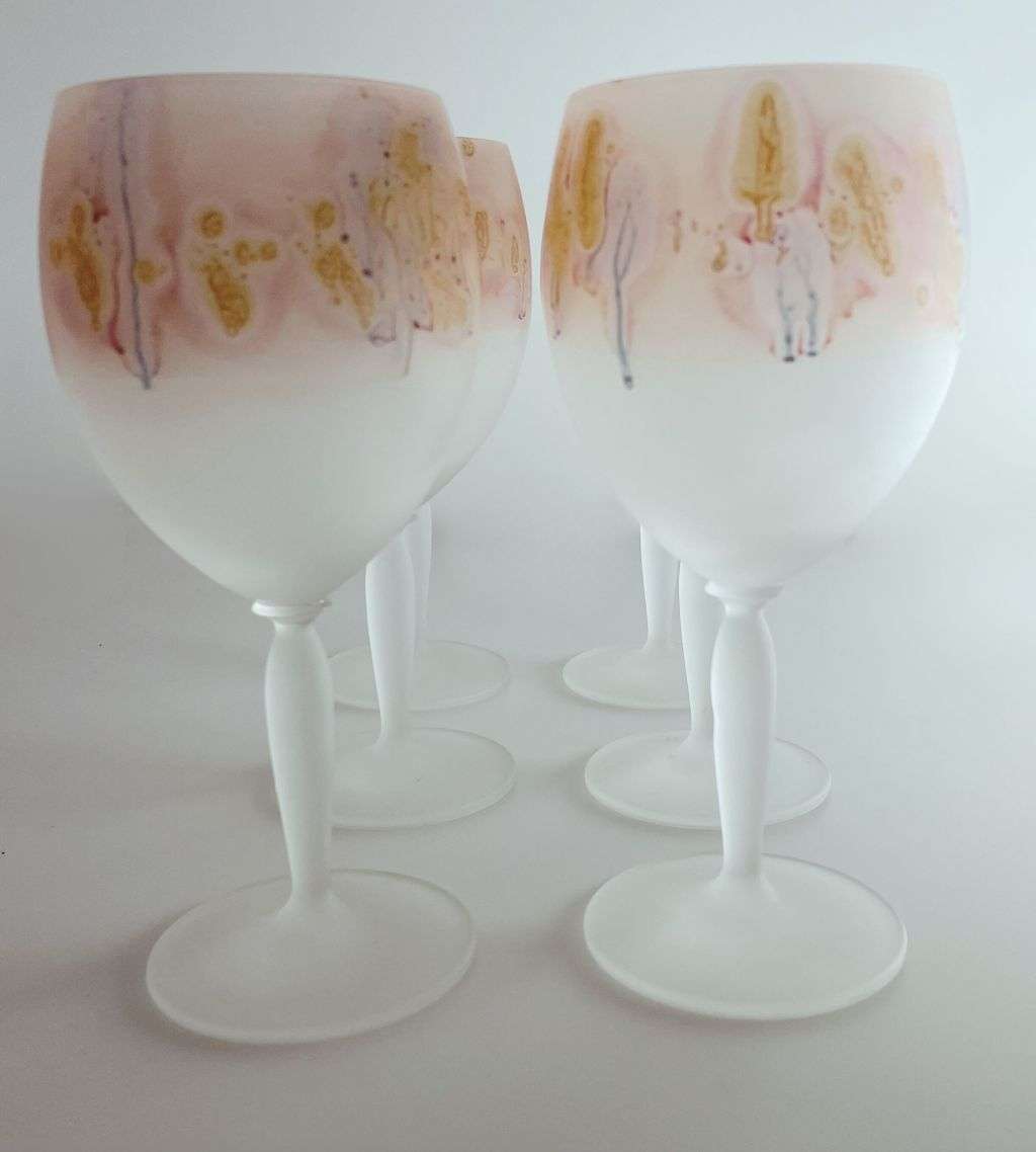 Art Nouveau Reuben 6-Piece Hand-Painted Hebron Frosted Crystal Wine Set - Holyland